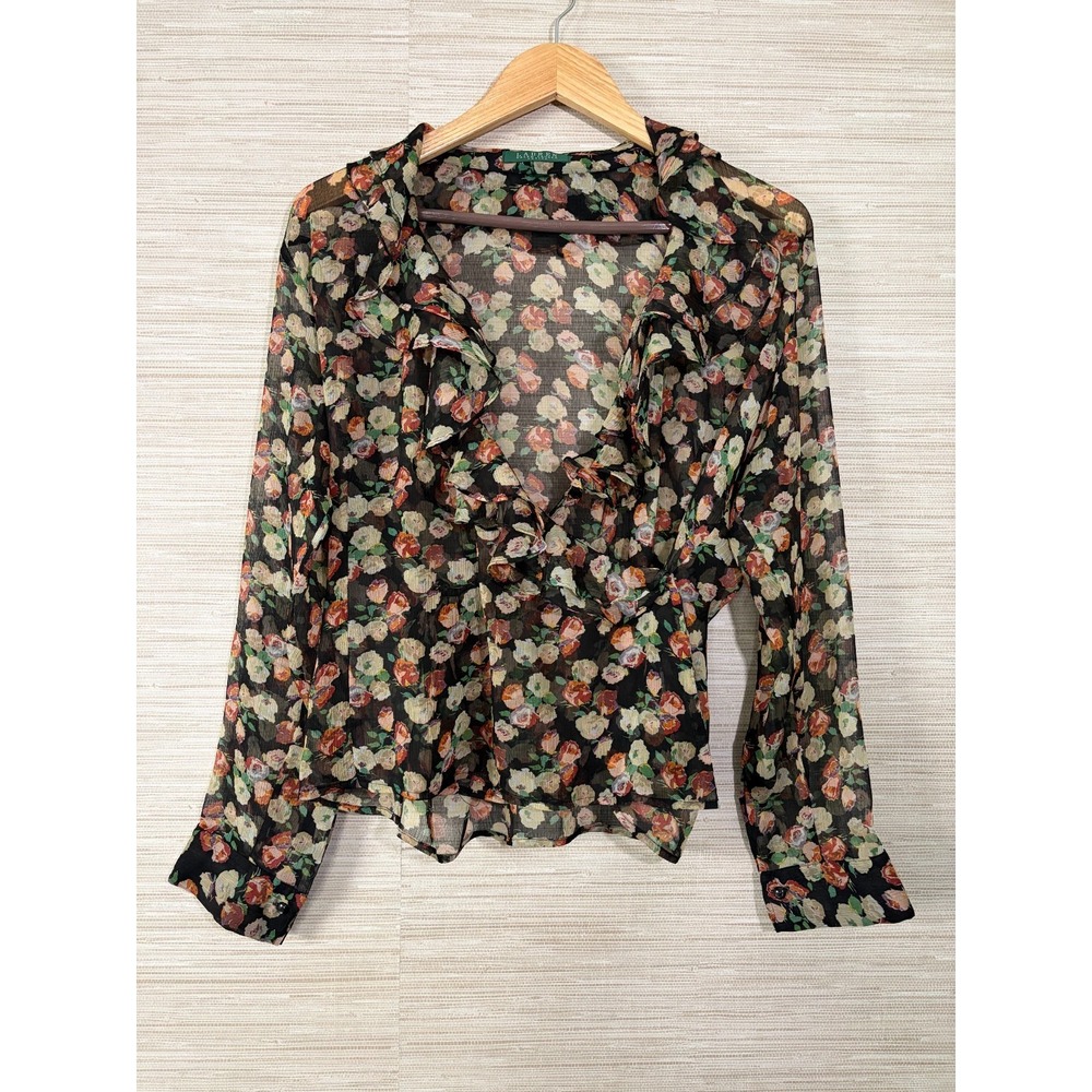 Lauren Ralph Lauren Blouse Top Womens Petite Multi Floral Chiffon Ruffle Neck